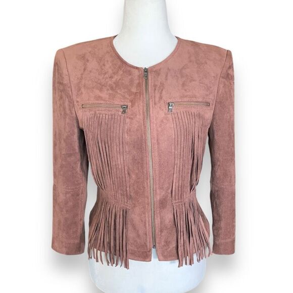 BCBG Max Azria Reiss Vegan Suede Leather Jacket Fringe Accents Hourglass Tan - Picture 1 of 12